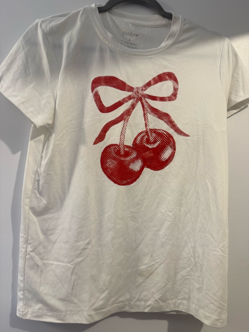 SHEIN White Tee with Red Cherry Bow Graphic